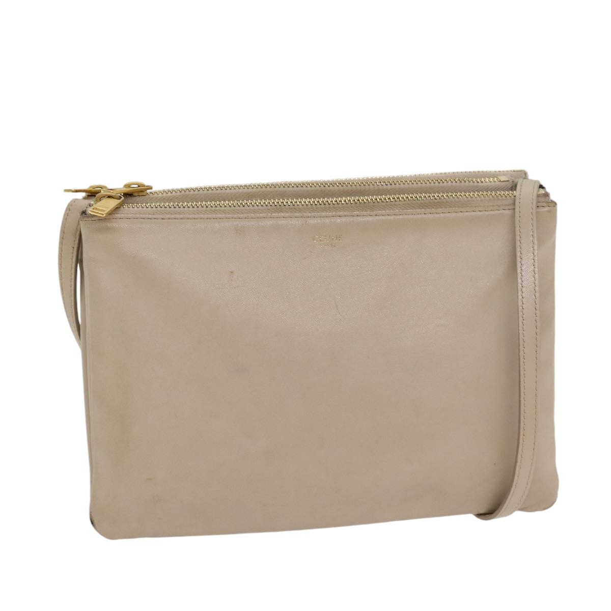 Celine Trio Shoulder Bag Leather Beige Gold